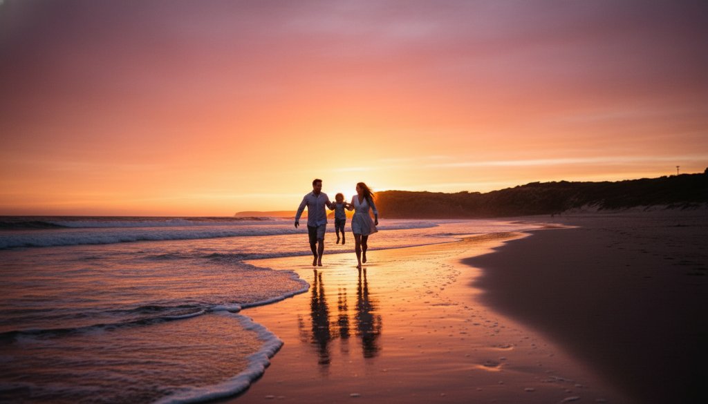 A joyous family moment captured during a Wonthaggi family photography natural light adventures session, with parents playfully swinging their child against a dramatic sunset backdrop on a Wonthaggi beach, showcasing authentic connection and beautiful natural light.