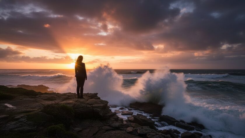 Dramatic Wonthaggi fine art photography capturing coastal moods with a lone figure silhouetted against a stormy sunset over Bass Strait, waves crashing, evoking deep emotion.