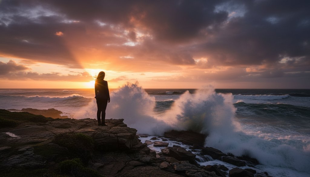 Dramatic Wonthaggi fine art photography capturing coastal moods with a lone figure silhouetted against a stormy sunset over Bass Strait, waves crashing, evoking deep emotion.