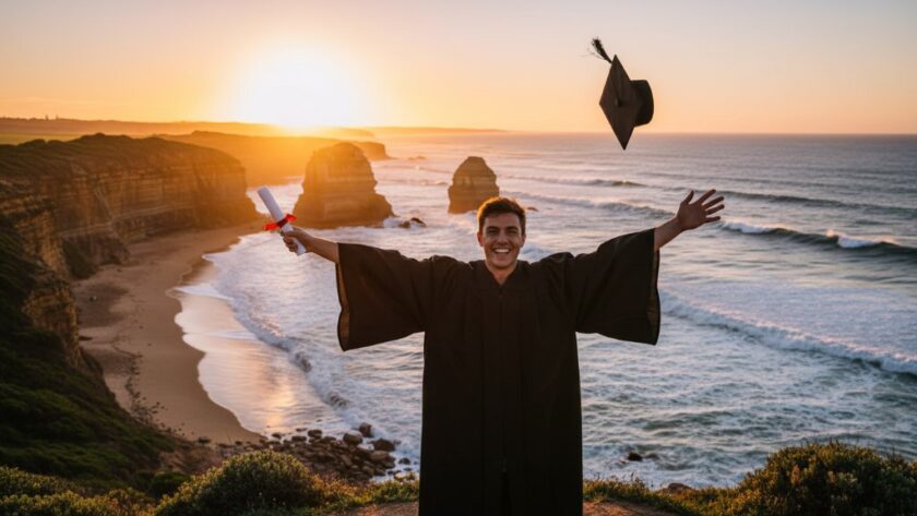 An epic, dramatic wide shot of a graduating student in Wonthaggi, celebrating their achievement with their cap thrown high against a beautiful sunset over the coastline near Wonthaggi, capturing cherished moments of triumph. The light is golden, highlighting their silhouette and the vast, beautiful Victorian landscape. Professional photography, cinematic, emotionally resonant.
