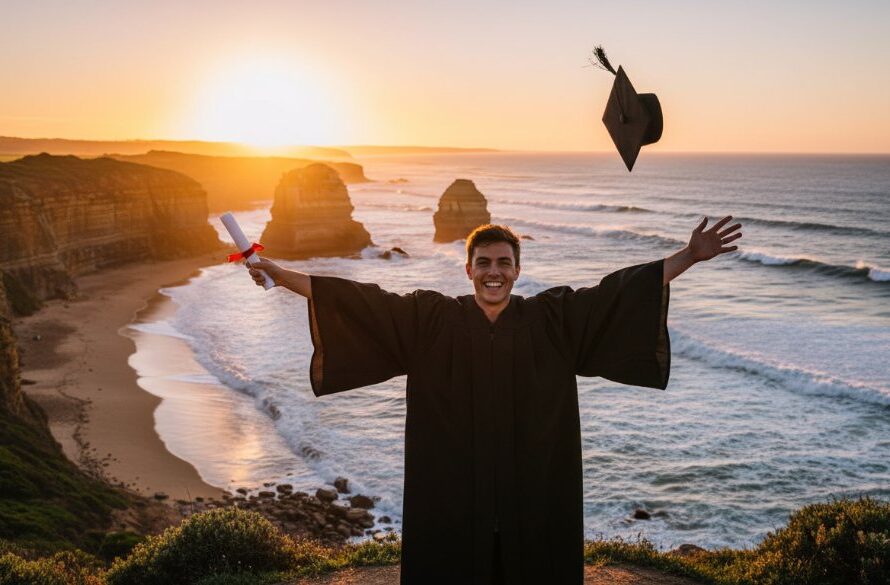 An epic, dramatic wide shot of a graduating student in Wonthaggi, celebrating their achievement with their cap thrown high against a beautiful sunset over the coastline near Wonthaggi, capturing cherished moments of triumph. The light is golden, highlighting their silhouette and the vast, beautiful Victorian landscape. Professional photography, cinematic, emotionally resonant.