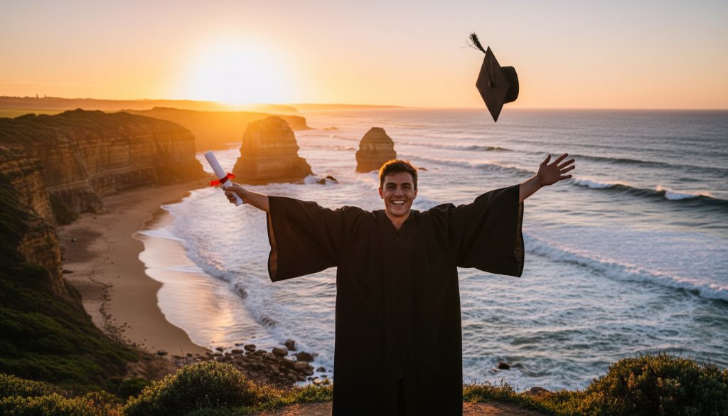 An epic, dramatic wide shot of a graduating student in Wonthaggi, celebrating their achievement with their cap thrown high against a beautiful sunset over the coastline near Wonthaggi, capturing cherished moments of triumph. The light is golden, highlighting their silhouette and the vast, beautiful Victorian landscape. Professional photography, cinematic, emotionally resonant.