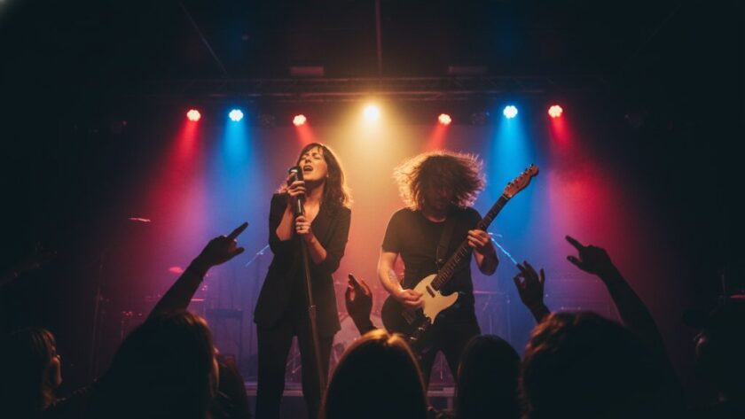 An electrifying wide-angle shot of a lead guitarist mid-shred under dramatic blue and red stage lights at a bustling local venue in Wonthaggi, Victoria, capturing Wonthaggi live music photography vibrant electrifying performances with the crowd silhouetted in dynamic motion.
