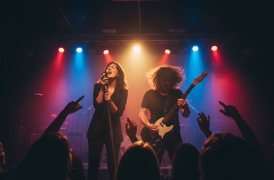 An electrifying wide-angle shot of a lead guitarist mid-shred under dramatic blue and red stage lights at a bustling local venue in Wonthaggi, Victoria, capturing Wonthaggi live music photography vibrant electrifying performances with the crowd silhouetted in dynamic motion.