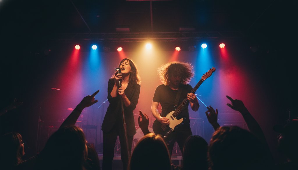 An electrifying wide-angle shot of a lead guitarist mid-shred under dramatic blue and red stage lights at a bustling local venue in Wonthaggi, Victoria, capturing Wonthaggi live music photography vibrant electrifying performances with the crowd silhouetted in dynamic motion.