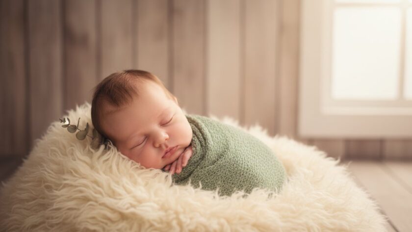 A serene, close-up portrait of a sleeping newborn baby wrapped in a soft, knitted blanket, bathed in gentle morning light filtering through a window in a Wonthaggi home, symbolising Wonthaggi newborn photography capturing cherished early moments.