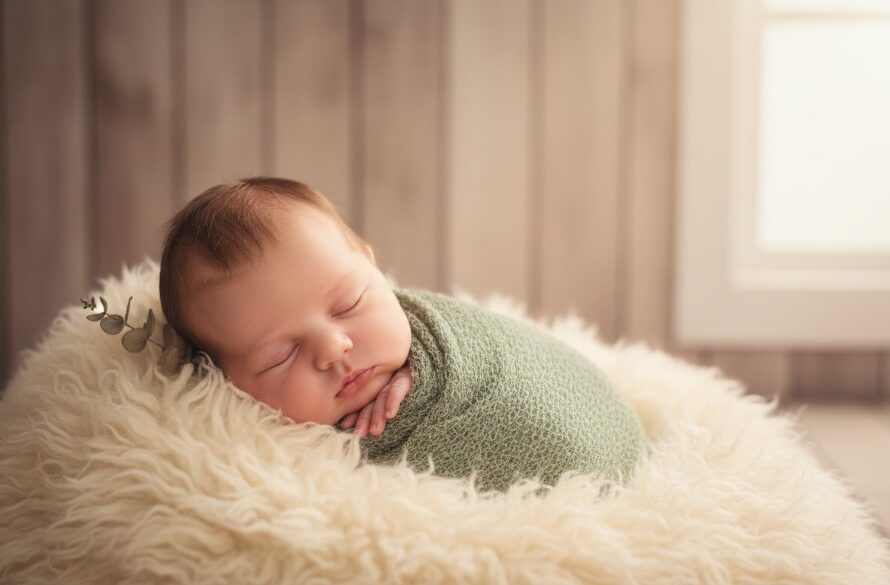 A serene, close-up portrait of a sleeping newborn baby wrapped in a soft, knitted blanket, bathed in gentle morning light filtering through a window in a Wonthaggi home, symbolising Wonthaggi newborn photography capturing cherished early moments.