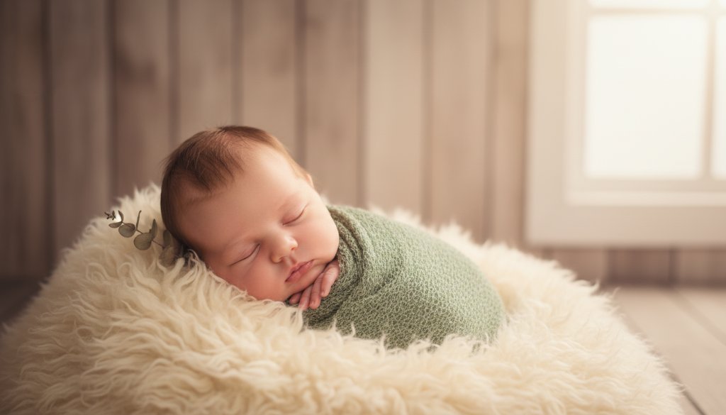 A serene, close-up portrait of a sleeping newborn baby wrapped in a soft, knitted blanket, bathed in gentle morning light filtering through a window in a Wonthaggi home, symbolising Wonthaggi newborn photography capturing cherished early moments.