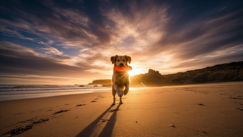 An epic moment of a golden retriever joyfully leaping through shallow waves on a sandy beach at sunset in Wonthaggi, embodying Wonthaggi pet photography capturing coastal canine joy, with dramatic backlighting and a professional, cinematic feel.