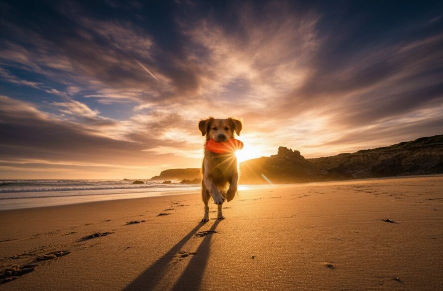 An epic moment of a golden retriever joyfully leaping through shallow waves on a sandy beach at sunset in Wonthaggi, embodying Wonthaggi pet photography capturing coastal canine joy, with dramatic backlighting and a professional, cinematic feel.
