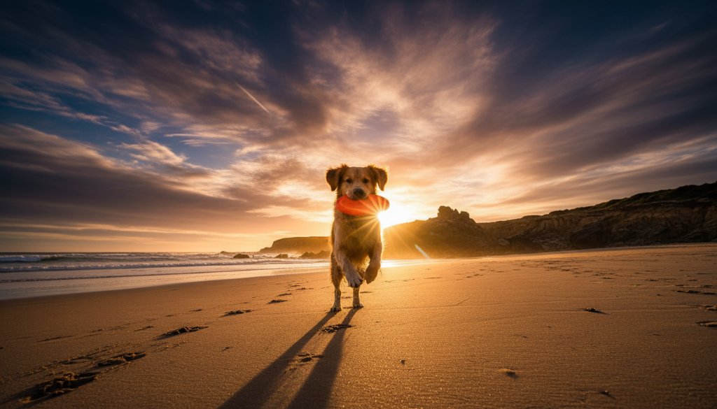 An epic moment of a golden retriever joyfully leaping through shallow waves on a sandy beach at sunset in Wonthaggi, embodying Wonthaggi pet photography capturing coastal canine joy, with dramatic backlighting and a professional, cinematic feel.