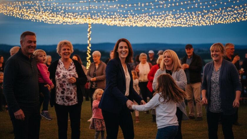 An epic moment of joy and connection during a community festival in Wonthaggi, Victoria, showcasing genuine Wonthaggi professional event photography storytelling. The image features a group of people laughing and dancing under string lights at dusk, expertly captured with warm, dramatic lighting, embodying the vibrant spirit of a local event.