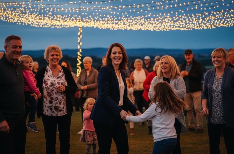 An epic moment of joy and connection during a community festival in Wonthaggi, Victoria, showcasing genuine Wonthaggi professional event photography storytelling. The image features a group of people laughing and dancing under string lights at dusk, expertly captured with warm, dramatic lighting, embodying the vibrant spirit of a local event.