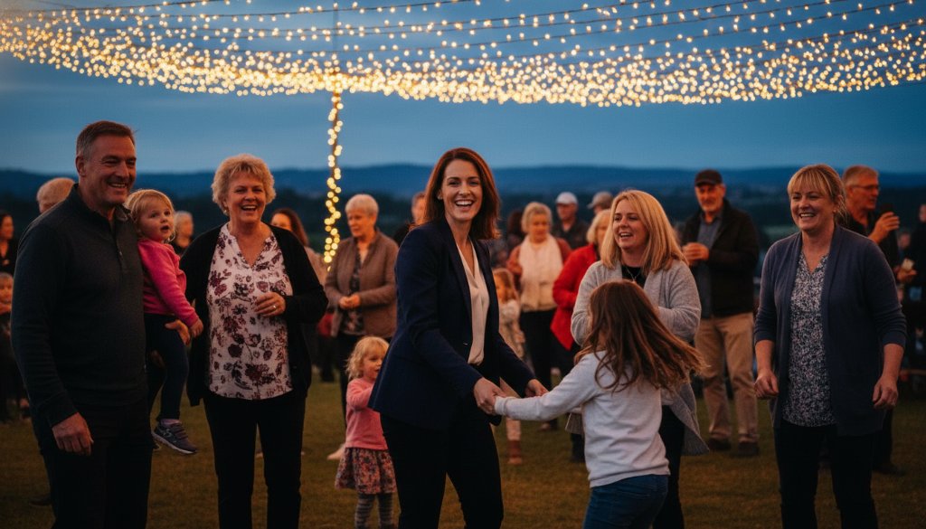 An epic moment of joy and connection during a community festival in Wonthaggi, Victoria, showcasing genuine Wonthaggi professional event photography storytelling. The image features a group of people laughing and dancing under string lights at dusk, expertly captured with warm, dramatic lighting, embodying the vibrant spirit of a local event.