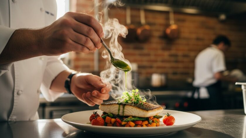 A close-up, dramatic shot showcasing a perfectly plated gourmet dish, perhaps a vibrant seafood pasta from a local Wonthaggi restaurant, bathed in warm, directional light, capturing the steam rising for an epic moment of Wonthaggi restaurant food photography for local cafes. The focus is sharp on the texture and colours of the food, with a subtly blurred background suggesting a bustling yet elegant cafe interior.
