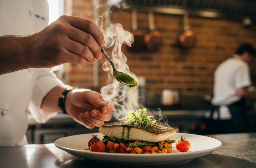 A close-up, dramatic shot showcasing a perfectly plated gourmet dish, perhaps a vibrant seafood pasta from a local Wonthaggi restaurant, bathed in warm, directional light, capturing the steam rising for an epic moment of Wonthaggi restaurant food photography for local cafes. The focus is sharp on the texture and colours of the food, with a subtly blurred background suggesting a bustling yet elegant cafe interior.