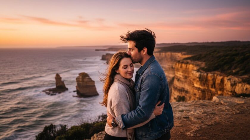 An epic moment captured in Wonthaggi romantic engagement photography, featuring a couple embracing passionately at sunset on a dramatic coastal cliff edge overlooking the Bass Strait, with golden light illuminating their joyful expressions and the rugged scenic coastal backdrops.