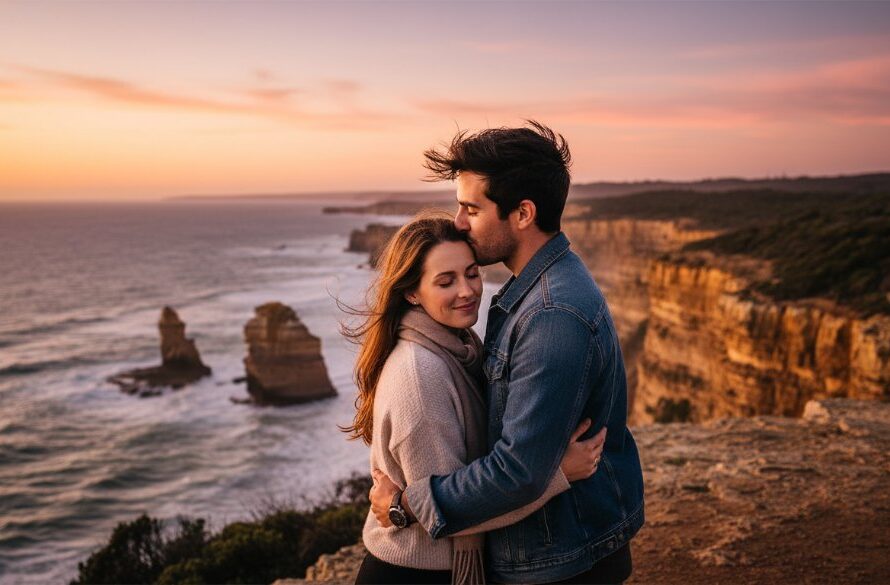 An epic moment captured in Wonthaggi romantic engagement photography, featuring a couple embracing passionately at sunset on a dramatic coastal cliff edge overlooking the Bass Strait, with golden light illuminating their joyful expressions and the rugged scenic coastal backdrops.