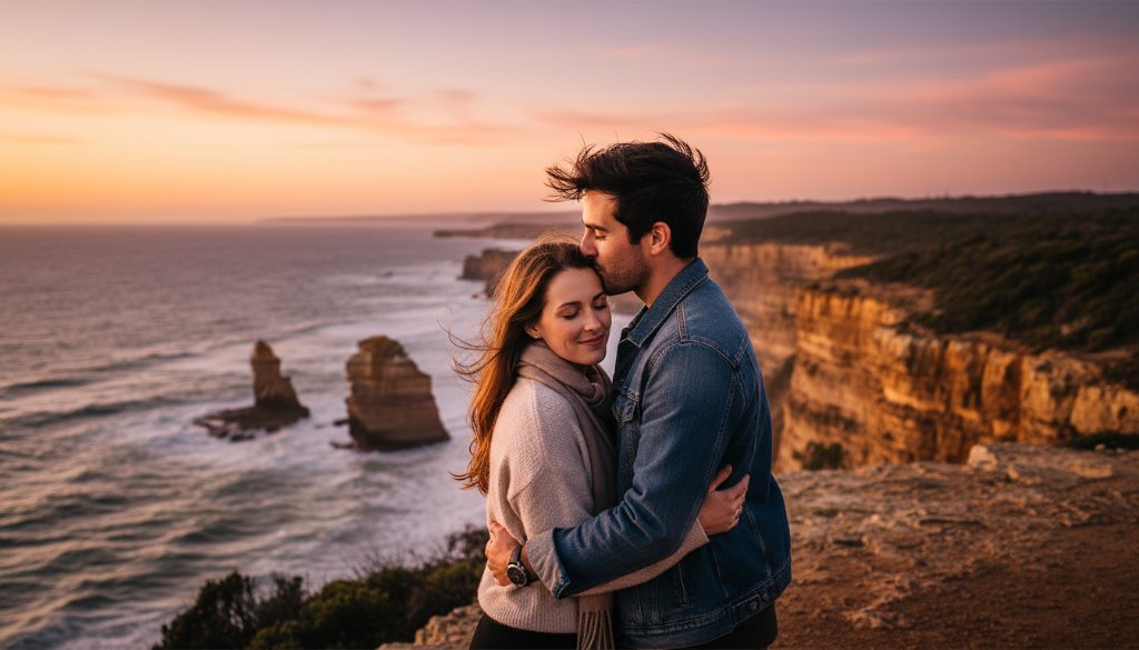 An epic moment captured in Wonthaggi romantic engagement photography, featuring a couple embracing passionately at sunset on a dramatic coastal cliff edge overlooking the Bass Strait, with golden light illuminating their joyful expressions and the rugged scenic coastal backdrops.