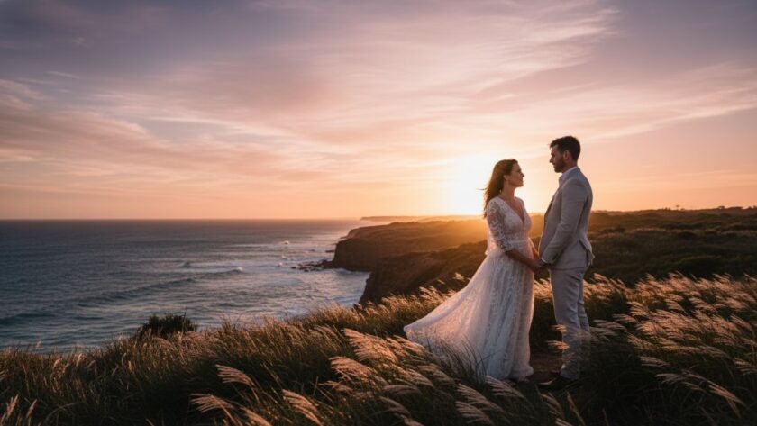 A newly married couple sharing an intimate, joyful moment during their Wonthaggi rustic wedding photography session, silhouetted against a dramatic sunset over rolling hills and the distant Bass Coast, showcasing their epic love story with professional, color-graded lighting.