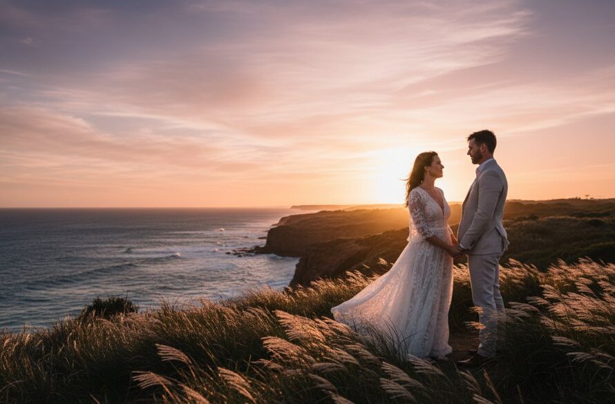 A newly married couple sharing an intimate, joyful moment during their Wonthaggi rustic wedding photography session, silhouetted against a dramatic sunset over rolling hills and the distant Bass Coast, showcasing their epic love story with professional, color-graded lighting.