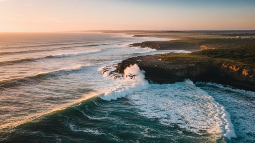 Dramatic aerial shot capturing the rugged coastline near Wonthaggi, Victoria, at sunrise, showcasing the powerful waves crashing against cliffs, with a drone subtly visible in the distance, embodying Wonthaggi Victoria drone photography epic coastal views.
