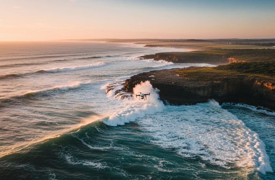 Dramatic aerial shot capturing the rugged coastline near Wonthaggi, Victoria, at sunrise, showcasing the powerful waves crashing against cliffs, with a drone subtly visible in the distance, embodying Wonthaggi Victoria drone photography epic coastal views.