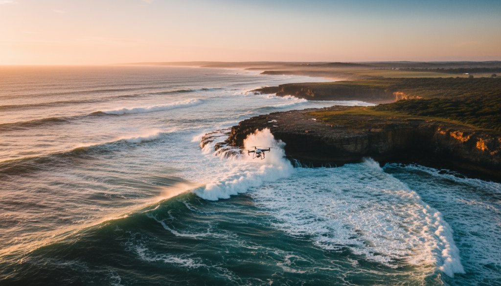 Dramatic aerial shot capturing the rugged coastline near Wonthaggi, Victoria, at sunrise, showcasing the powerful waves crashing against cliffs, with a drone subtly visible in the distance, embodying Wonthaggi Victoria drone photography epic coastal views.
