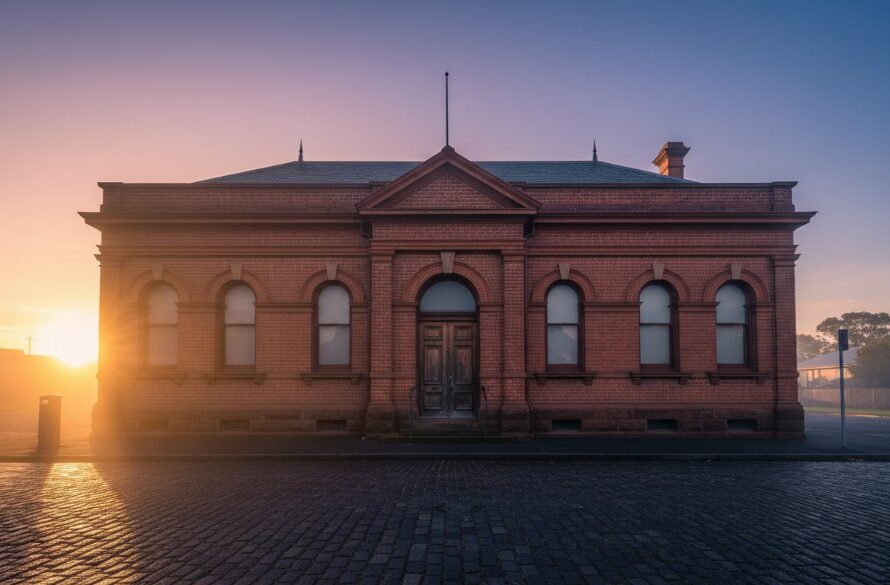 Dramatic wide-angle shot of Wonthaggi's historic architecture photography, capturing a vintage building facade at dawn, bathed in golden light with long shadows and a sense of timeless grandeur.