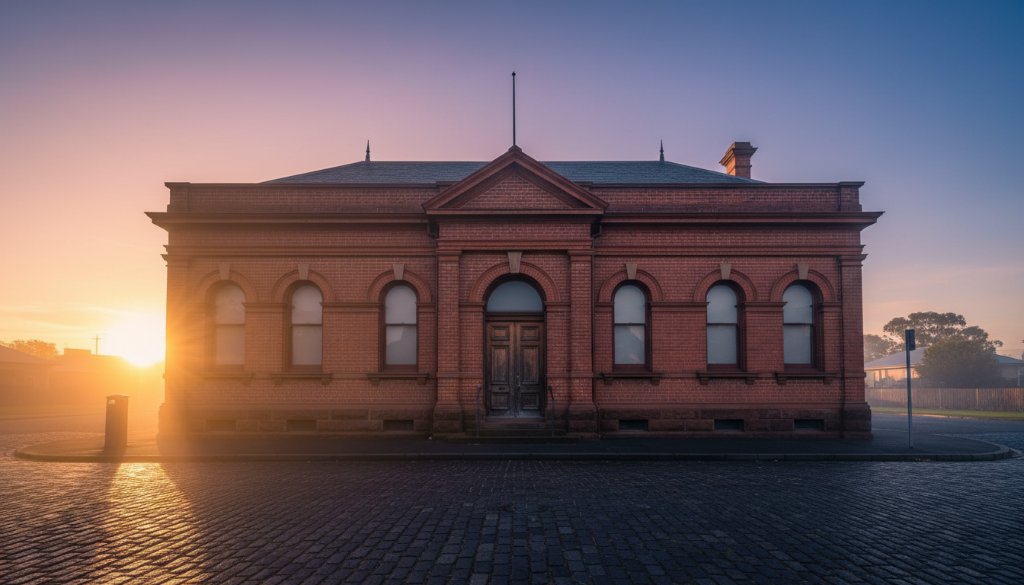 Dramatic wide-angle shot of Wonthaggi's historic architecture photography, capturing a vintage building facade at dawn, bathed in golden light with long shadows and a sense of timeless grandeur.