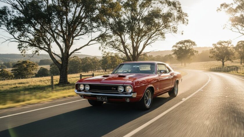 A powerful vintage sports car, sleek and gleaming, captured in an epic moment of motion against the dramatic backdrop of a winding Macedon Ranges scenic drive near Woodend, showcasing the raw beauty of Woodend automotive photography Macedon Ranges scenic drives, with golden hour light highlighting its contours.