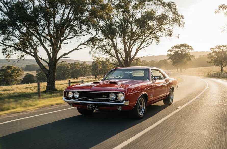 A powerful vintage sports car, sleek and gleaming, captured in an epic moment of motion against the dramatic backdrop of a winding Macedon Ranges scenic drive near Woodend, showcasing the raw beauty of Woodend automotive photography Macedon Ranges scenic drives, with golden hour light highlighting its contours.