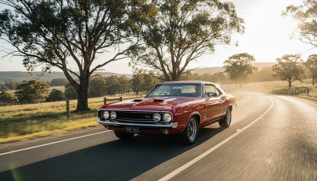 A powerful vintage sports car, sleek and gleaming, captured in an epic moment of motion against the dramatic backdrop of a winding Macedon Ranges scenic drive near Woodend, showcasing the raw beauty of Woodend automotive photography Macedon Ranges scenic drives, with golden hour light highlighting its contours.