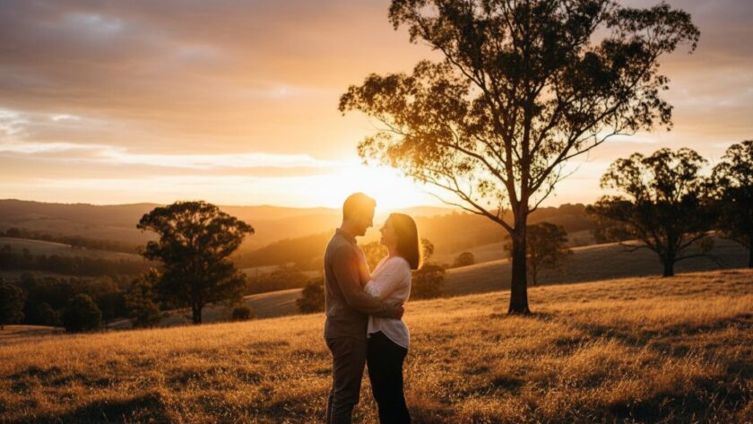 A couple shares a tender, joyful moment during their Woodend Engagement Photoshoot Authentic Love Story, bathed in golden hour light amidst the natural beauty of Woodend, Victoria, showcasing their authentic connection.