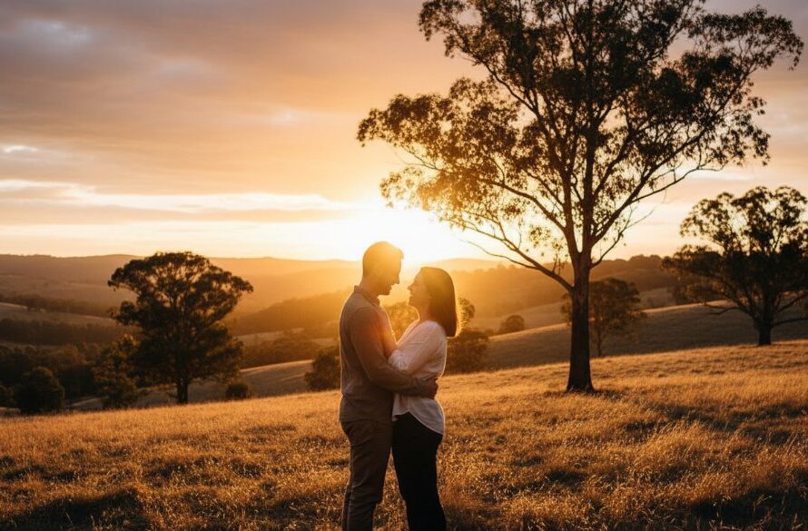 A couple shares a tender, joyful moment during their Woodend Engagement Photoshoot Authentic Love Story, bathed in golden hour light amidst the natural beauty of Woodend, Victoria, showcasing their authentic connection.