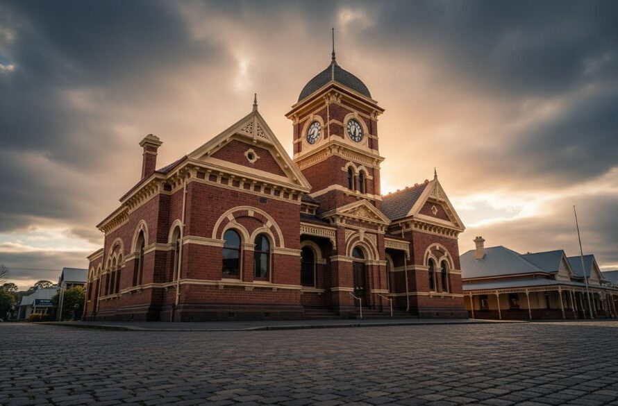Dramatic low-angle shot showcasing the intricate Victorian-era facade of Woodend's iconic former Post Office, bathed in golden hour light, capturing the essence of Woodend heritage architecture photography expertise Victoria.