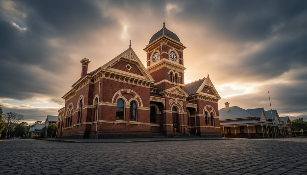 Dramatic low-angle shot showcasing the intricate Victorian-era facade of Woodend's iconic former Post Office, bathed in golden hour light, capturing the essence of Woodend heritage architecture photography expertise Victoria.