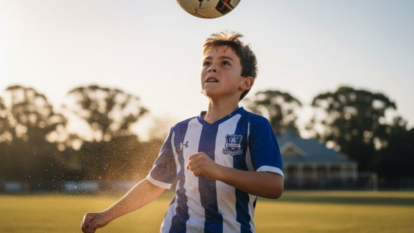 Dynamic close-up shot of a young athlete mid-action, capturing the intensity of Woodend junior sports photography action on a sun-drenched oval.