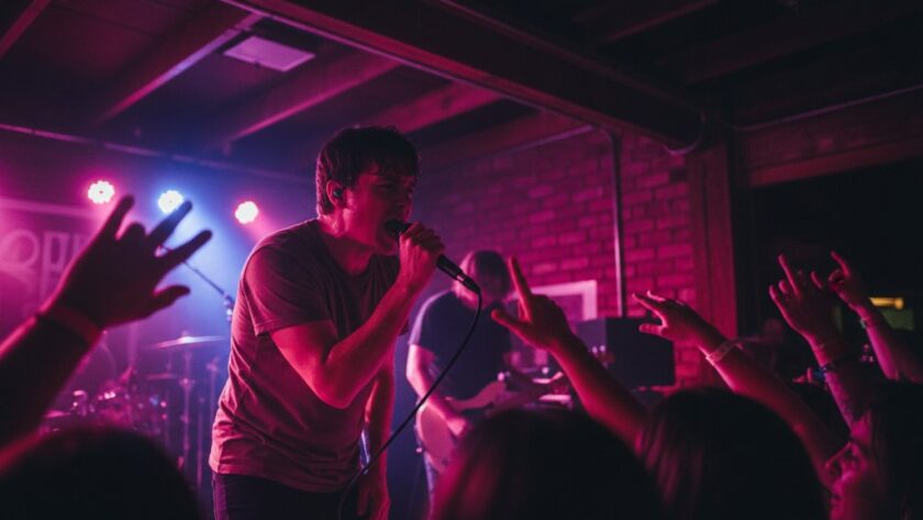 Dynamic Woodend live music photography capturing local soul, featuring a lead singer bathed in dramatic stage lights, guitar in hand, crowd silhouetted, conveying an epic moment of connection and energy.