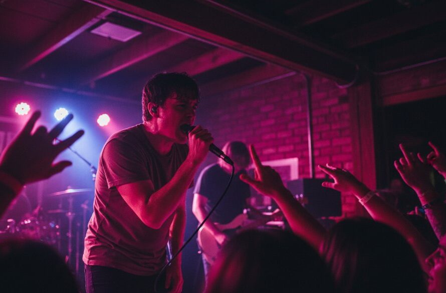 Dynamic Woodend live music photography capturing local soul, featuring a lead singer bathed in dramatic stage lights, guitar in hand, crowd silhouetted, conveying an epic moment of connection and energy.