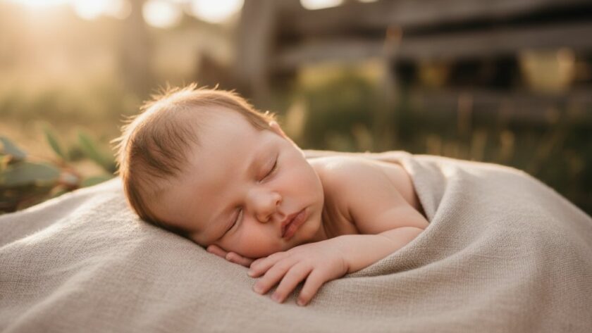 A close-up, dreamlike portrait capturing the delicate features of a sleeping newborn baby in Woodend, bathed in soft, ethereal natural light, embodying the essence of Woodend newborn baby photography capturing fleeting moments.