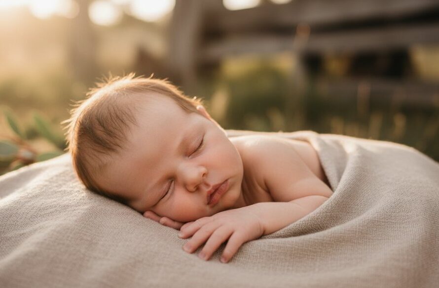 A close-up, dreamlike portrait capturing the delicate features of a sleeping newborn baby in Woodend, bathed in soft, ethereal natural light, embodying the essence of Woodend newborn baby photography capturing fleeting moments.