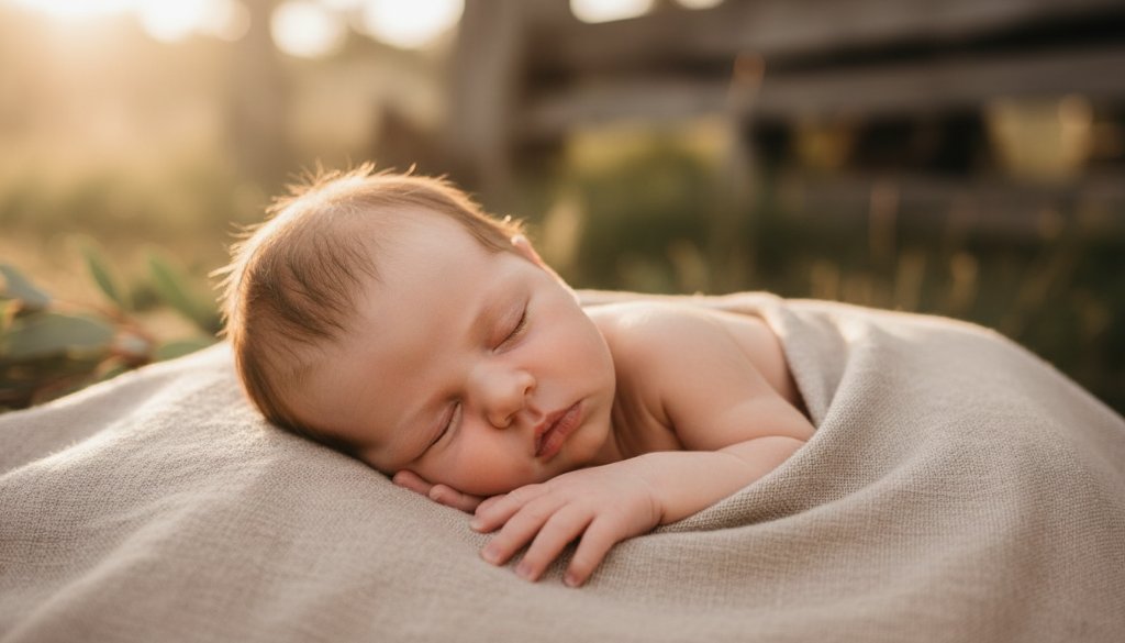 A close-up, dreamlike portrait capturing the delicate features of a sleeping newborn baby in Woodend, bathed in soft, ethereal natural light, embodying the essence of Woodend newborn baby photography capturing fleeting moments.