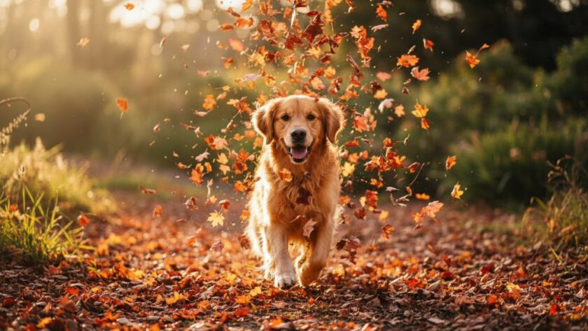 Woodend pet photography capturing joyful furry friends, featuring a golden retriever joyfully leaping through an autumn leaves pile in Woodend's natural park, golden hour light, dynamic action shot.