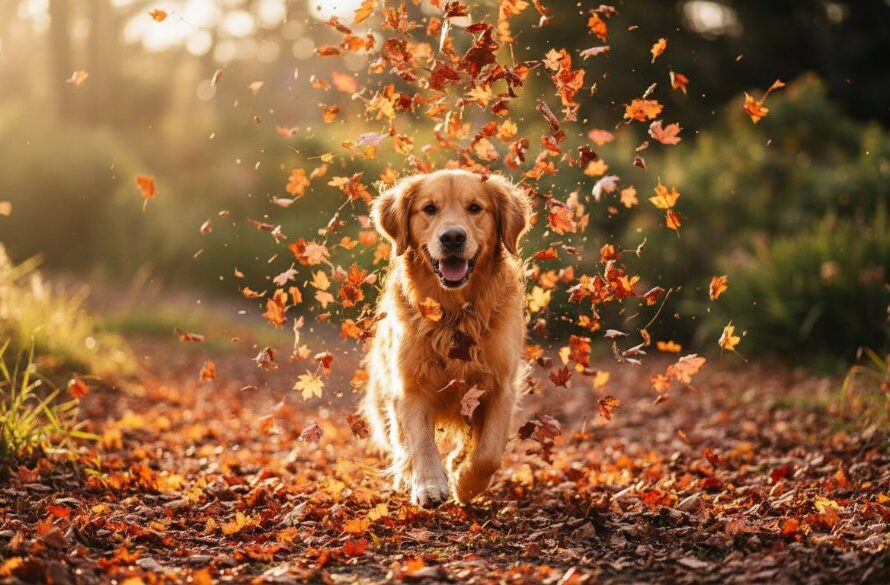 Woodend pet photography capturing joyful furry friends, featuring a golden retriever joyfully leaping through an autumn leaves pile in Woodend's natural park, golden hour light, dynamic action shot.
