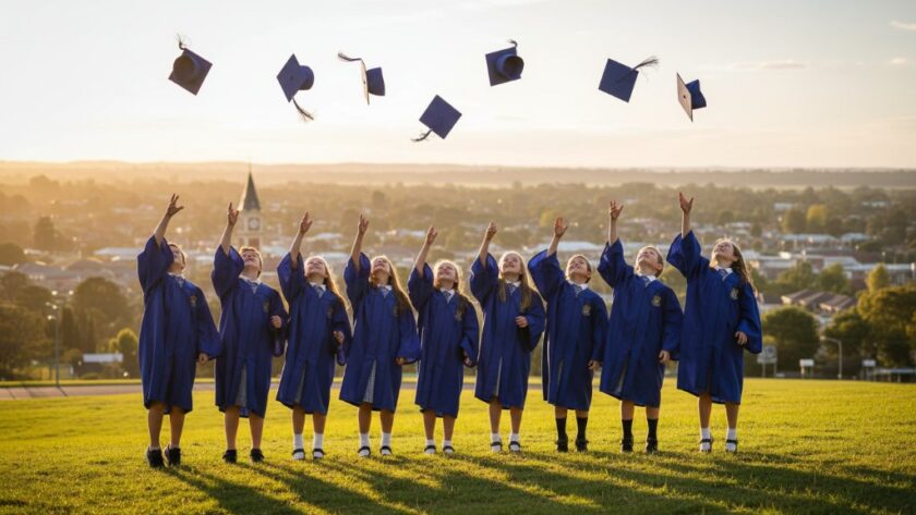A vibrant, emotionally charged photograph capturing a group of happy primary school graduates in their caps and gowns, tossing their hats into the air against the warm, golden light of a Woodend sunset, with the iconic Woodend Clock Tower subtly visible in the background, symbolising their joyful achievement and the end of an era. This image showcases the expertise of Woodend primary school graduation photography specialists in capturing such epic, celebratory moments with dramatic lighting and professional colour grading.