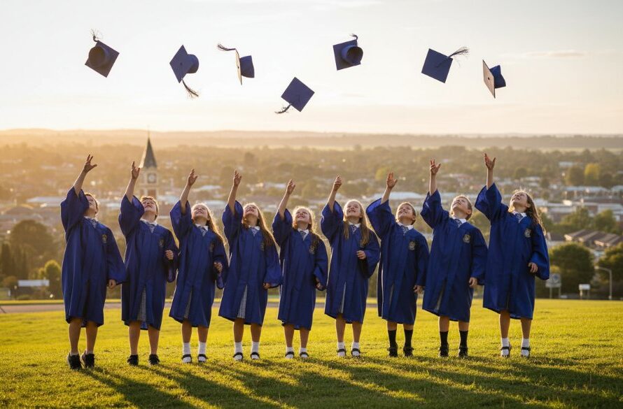 A vibrant, emotionally charged photograph capturing a group of happy primary school graduates in their caps and gowns, tossing their hats into the air against the warm, golden light of a Woodend sunset, with the iconic Woodend Clock Tower subtly visible in the background, symbolising their joyful achievement and the end of an era. This image showcases the expertise of Woodend primary school graduation photography specialists in capturing such epic, celebratory moments with dramatic lighting and professional colour grading.