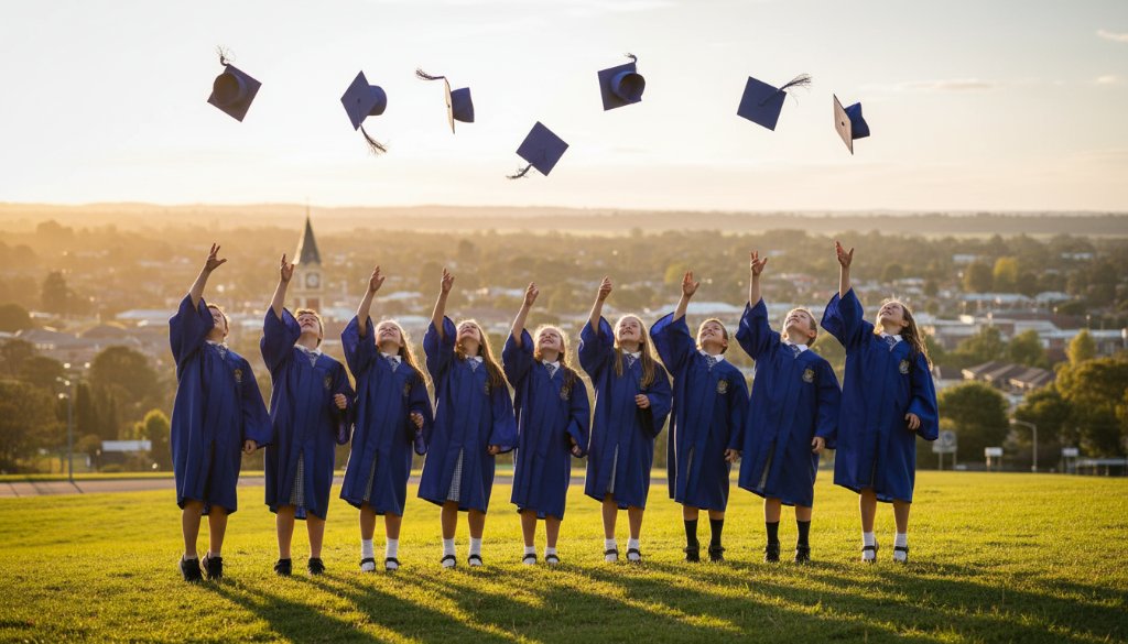 A vibrant, emotionally charged photograph capturing a group of happy primary school graduates in their caps and gowns, tossing their hats into the air against the warm, golden light of a Woodend sunset, with the iconic Woodend Clock Tower subtly visible in the background, symbolising their joyful achievement and the end of an era. This image showcases the expertise of Woodend primary school graduation photography specialists in capturing such epic, celebratory moments with dramatic lighting and professional colour grading.