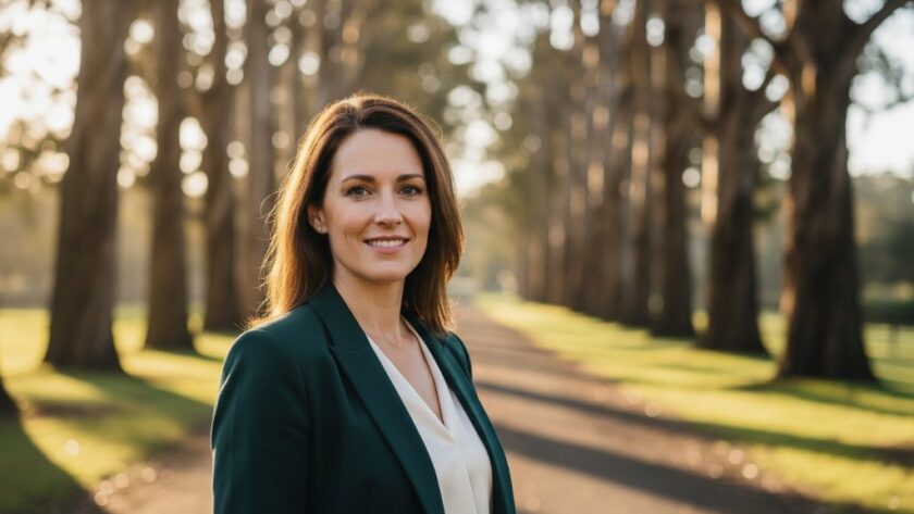 A confident professional in Woodend is captured in an 'epic moment' headshot, radiating approachability and expertise, ideal for Woodend professional headshots for career growth, with the stunning natural light of the Macedon Ranges softly illuminating their face.