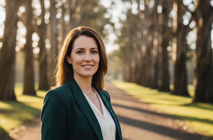 A confident professional in Woodend is captured in an 'epic moment' headshot, radiating approachability and expertise, ideal for Woodend professional headshots for career growth, with the stunning natural light of the Macedon Ranges softly illuminating their face.